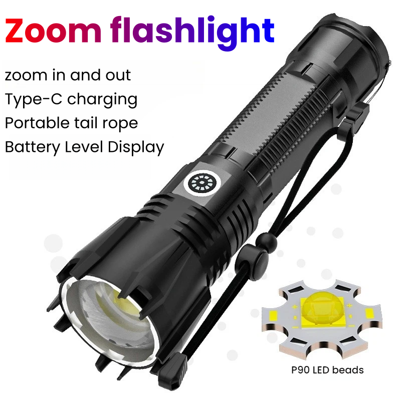 Outdoor Power For Camping - ไฟฉาย LED P90 กำลังสูง TYPE-C ไฟฉายซูมแบบชาร์จไฟได้ไฟฉายกันน้ำสำหรับการตั้งแคมป์กลางแจ้งและการล่าสัตว์